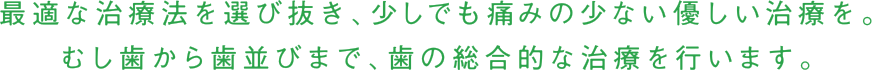 最適な治療法を選び、少しでも痛みの少ない優しい治療を。むし歯から歯並びまで、歯の総合的な治療を行います。